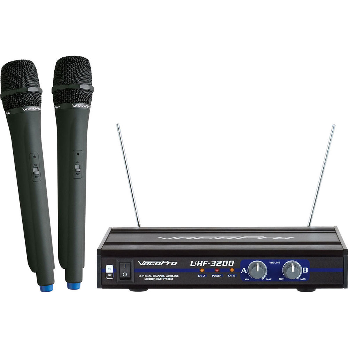 

VocoPro UHF-3200 2-Channel Wireless Microphone System, Receiver & 2x Mics, 9E/9F