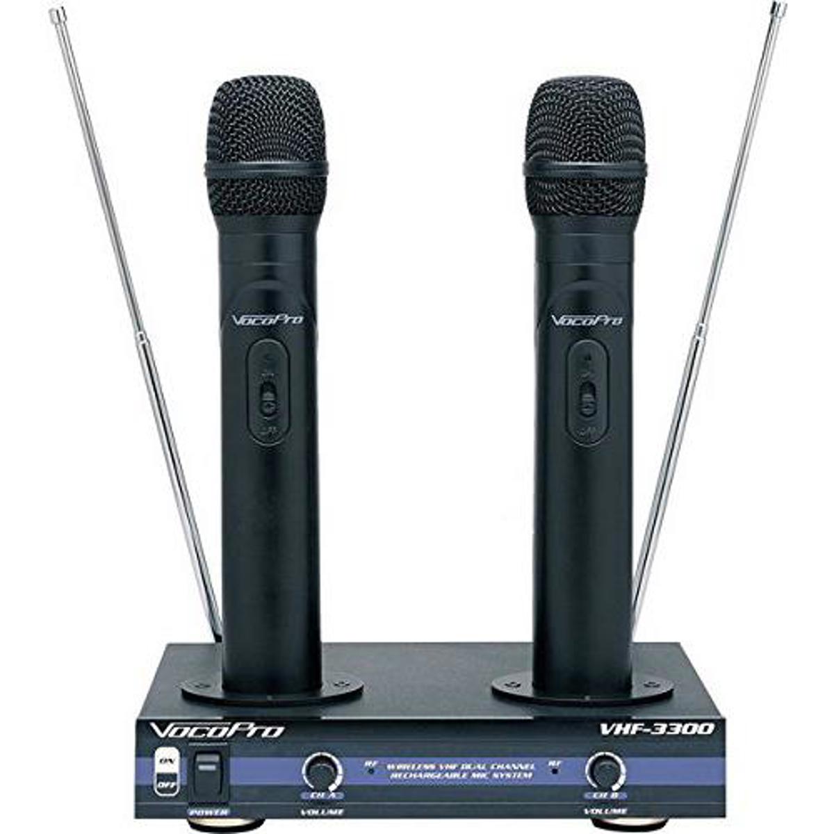 Image of VocoPro VHF-3300 2 Channel VHF Rechargeable Wireless Microphone Sys - Blue Freq