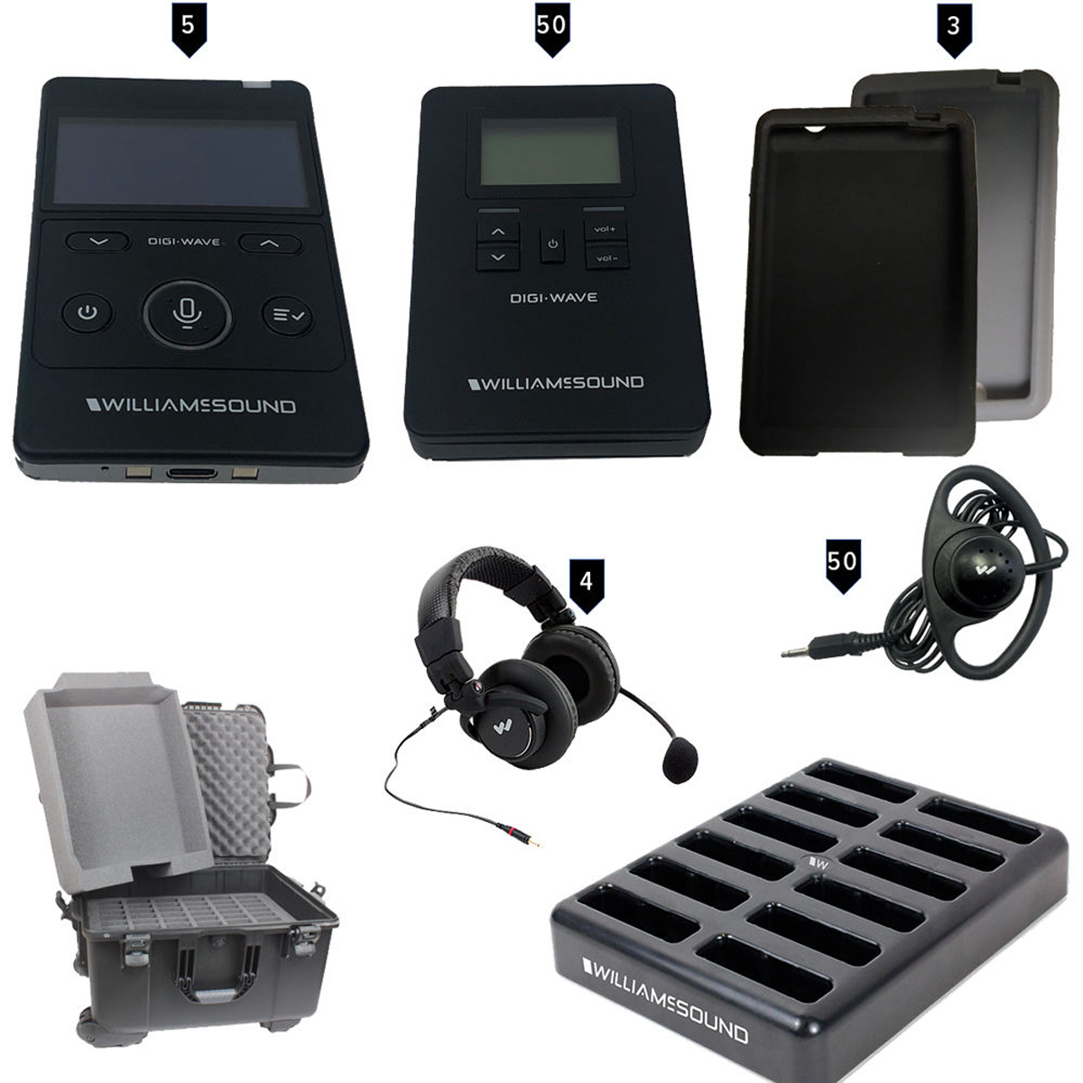 

Williams Sound Digi-Wave 5 400 ALK System, 5x DLT 400 Trx, 50x DLR 400 ALK Rx