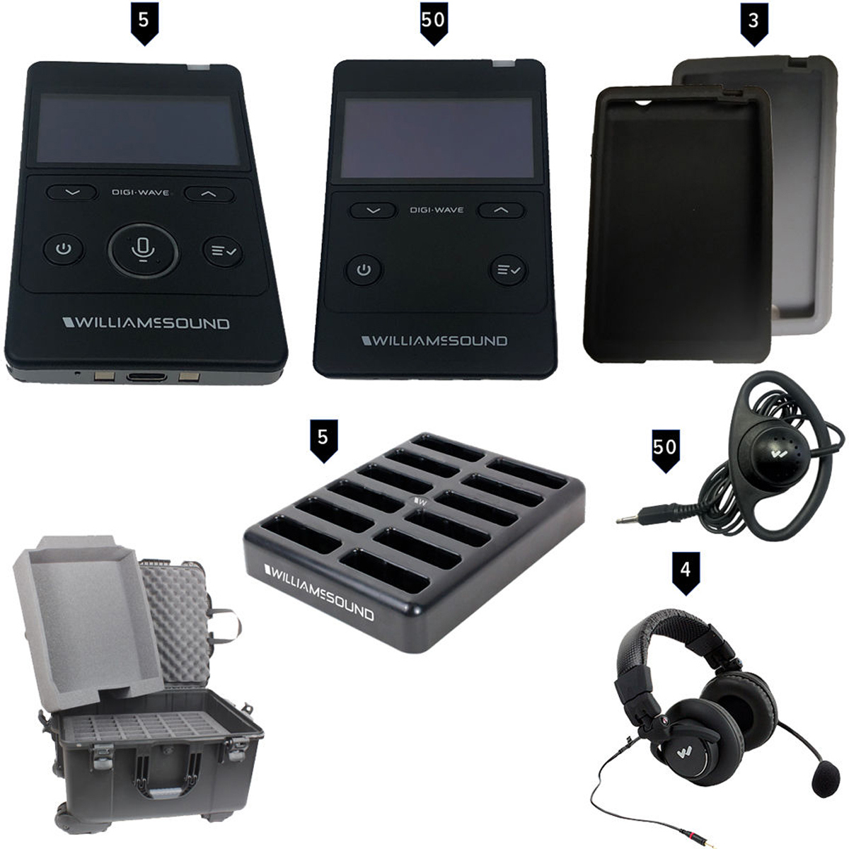 

Williams Sound Digi-Wave 5 400 RCH System, 5x DLT 400 Trx, 50x DLR 400 RCH Rx