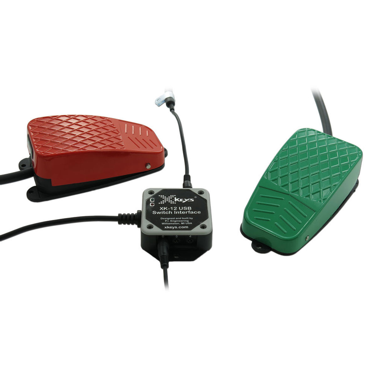 Image of X-Keys USB Twelve-Switch Interface with Red and Green Commercial Foot Switches