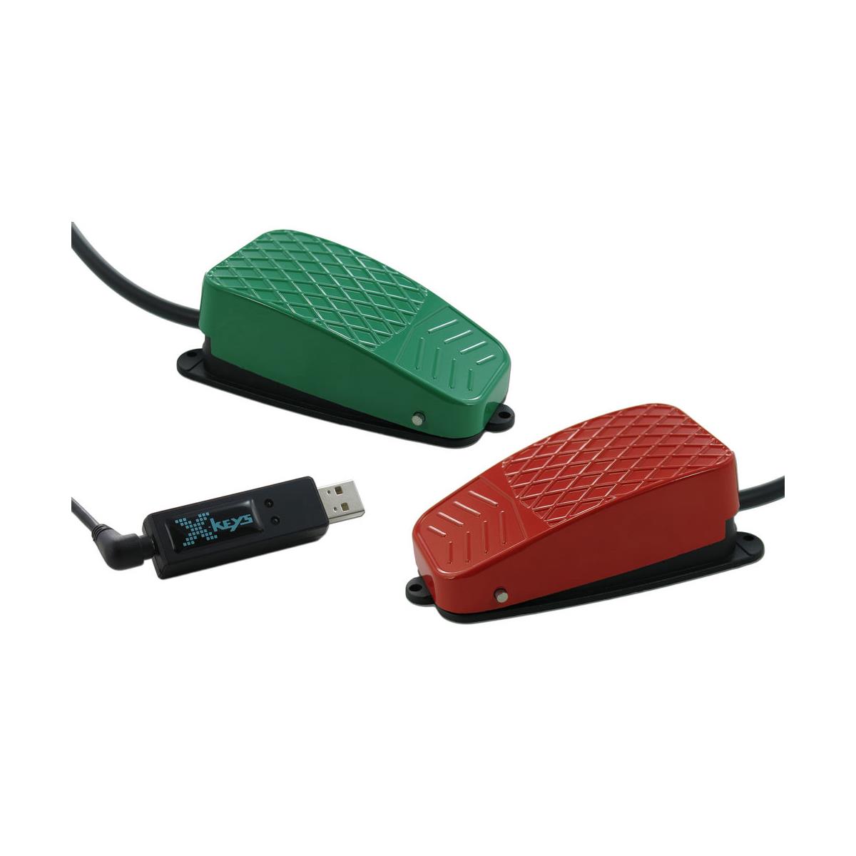 Image of X-Keys USB Three-Switch Interface with Green and Red Commercial Foot Switches