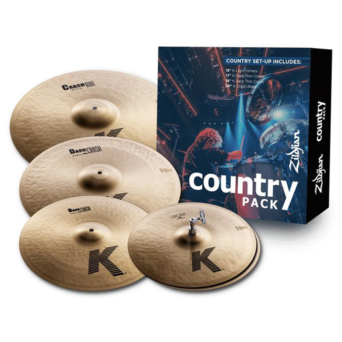 Zildjian Country K Cymbal Pack Your road to Nashville starts with the Zildjian Country Pack. This unique collection features the legendary K Zildjian Cymbals which captures the right tone, volume and sustain for Country music played around the world. This pack includes:• 15" K Light Hi-Hats• 17" K Dark Thin Crash• 19" K Dark Thin Crash• 20" K Crash RideEach cymbal is dry, dark and expressive and was hand selected at a larger size to deliver volume and to project across the stage or studio. All Zildjian cymbals are made in the USA.