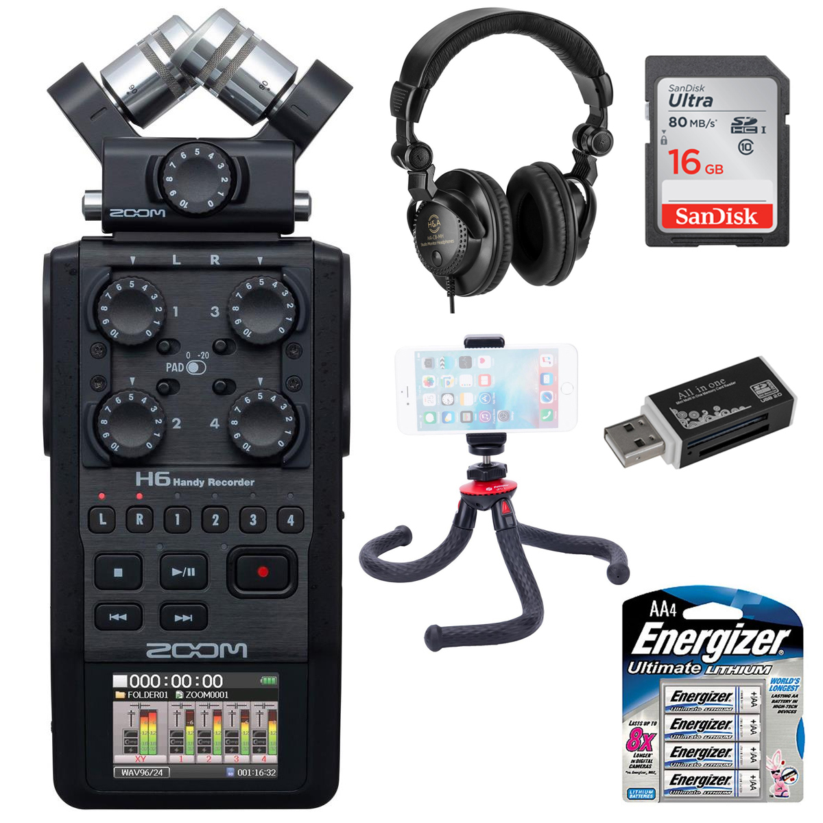 

Zoom H6 All Black Handy Recorder Bundle with Headphones, 16GB Card, Mini Tripod