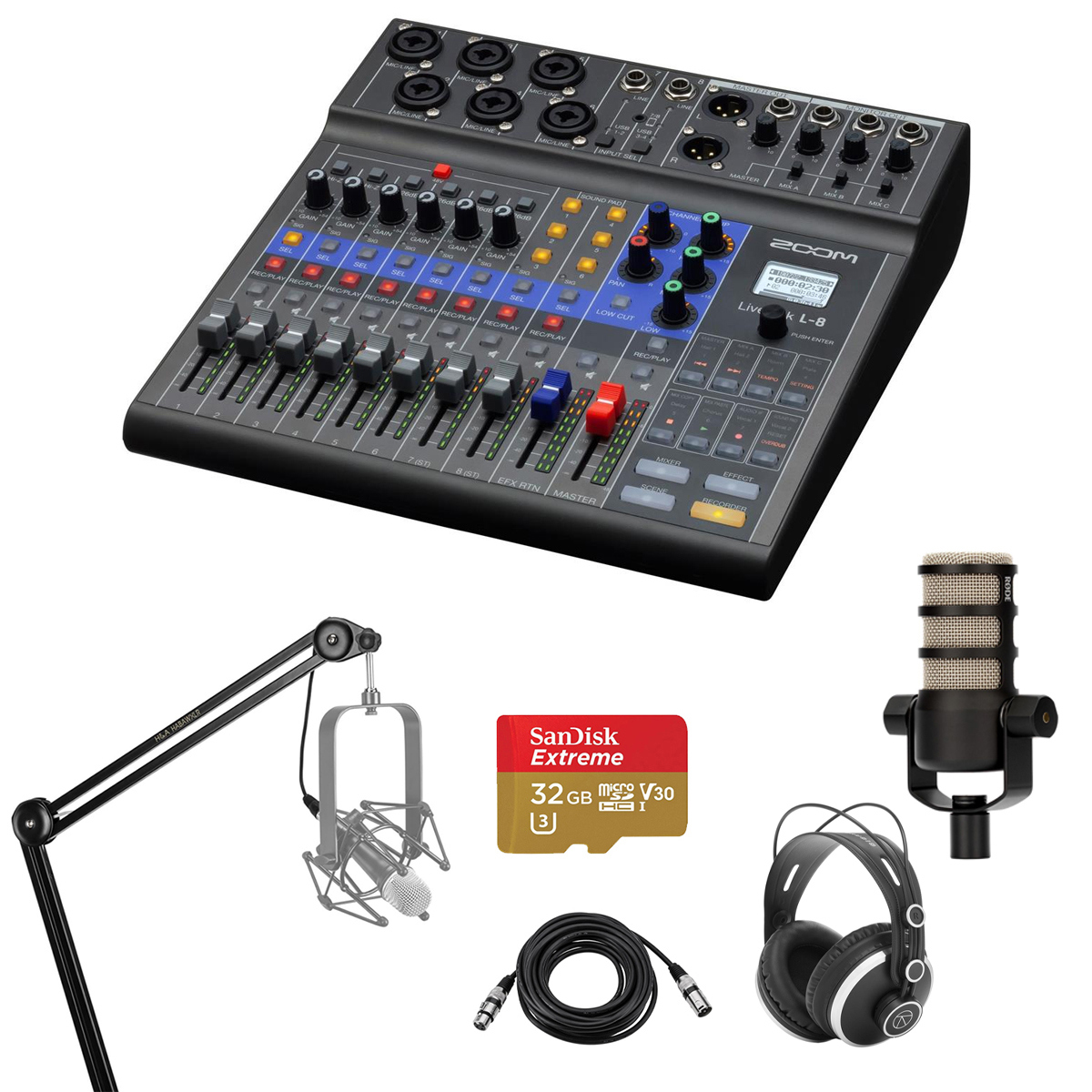 

Zoom LiveTrak L-8 Mixer and Recorder with PodMic Mic, Broadcast Arm & Headphones