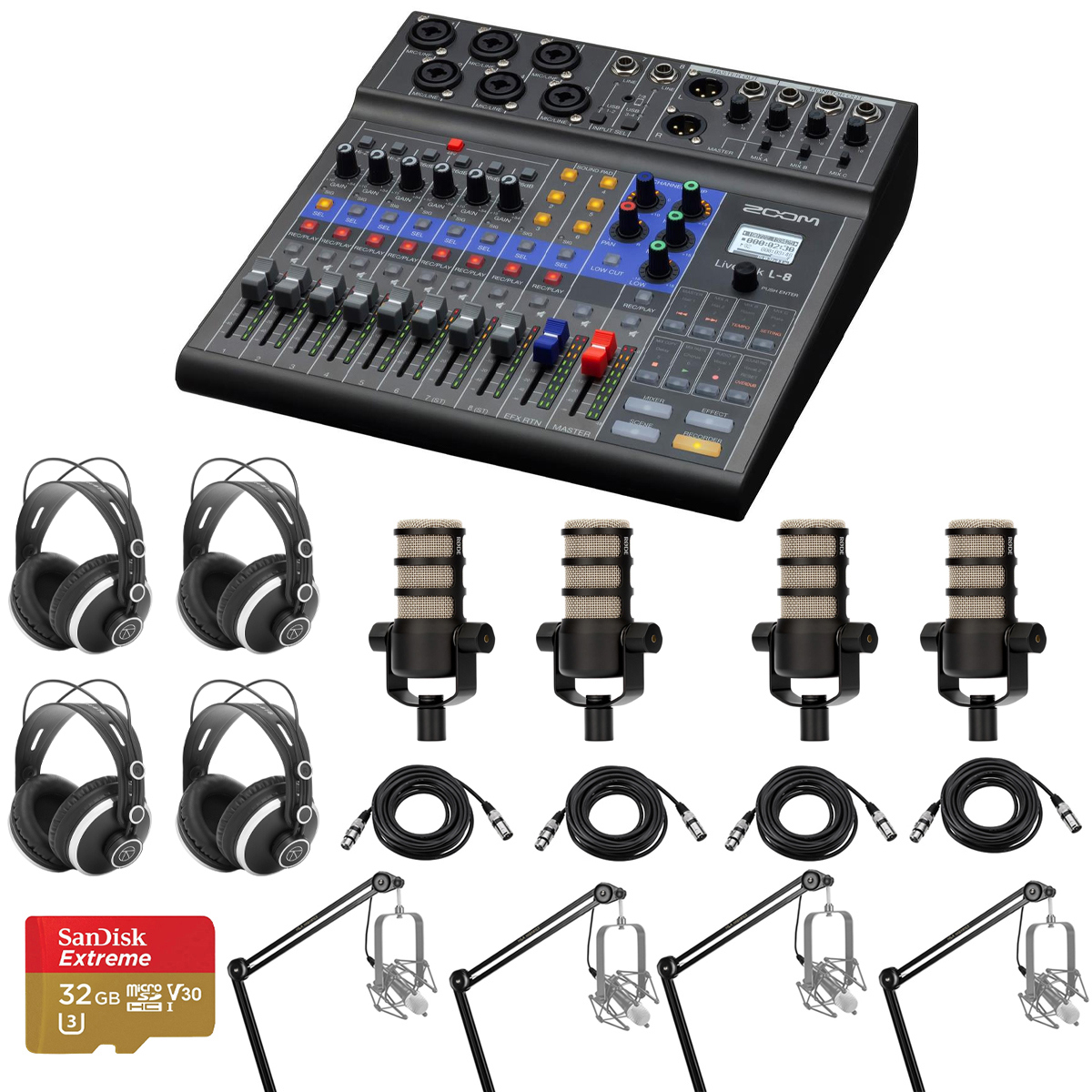 

Zoom LiveTrak L-8 Mixer and Recorder w/4x PodMic, 4x Broadcast Arm,4x Headphones