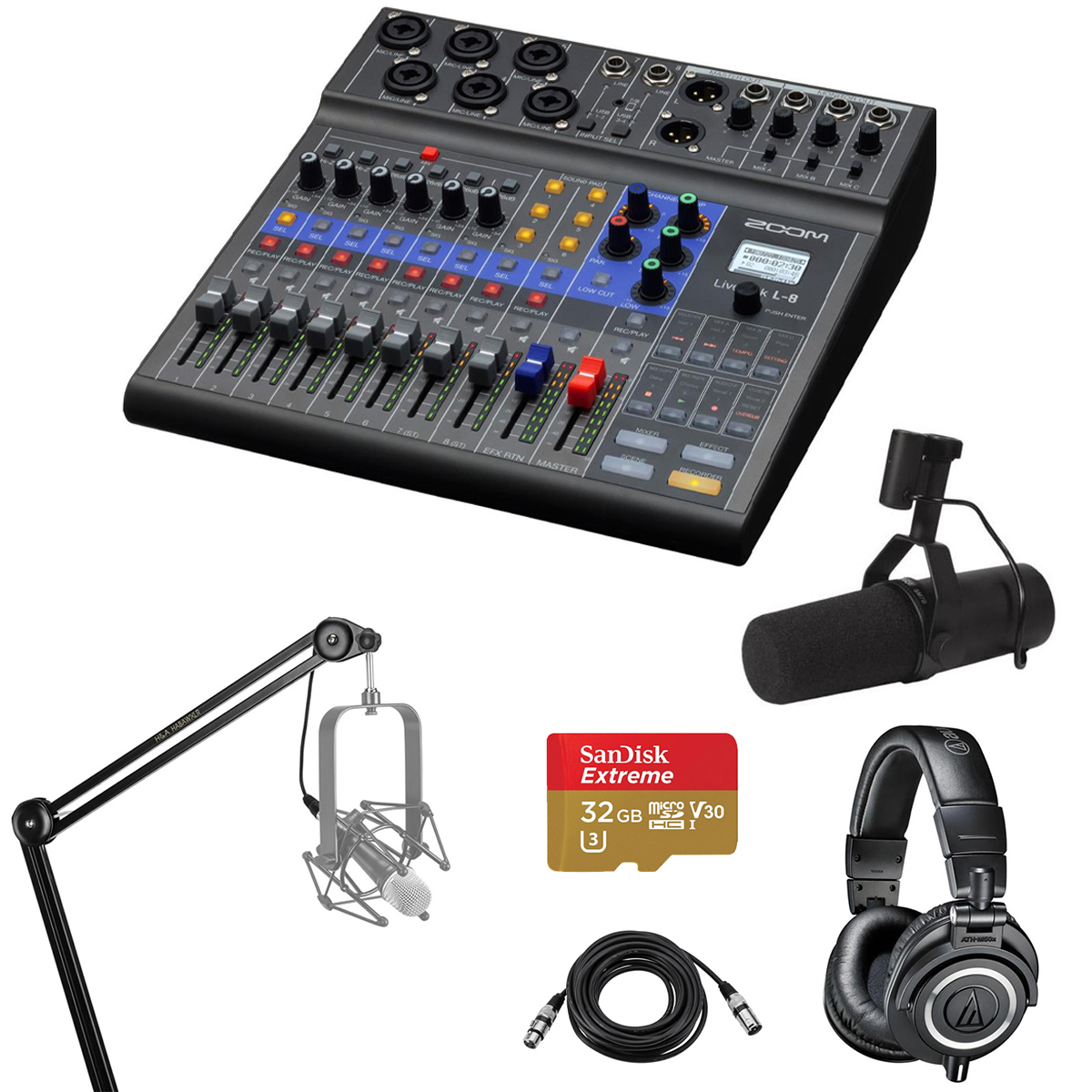 

Zoom LiveTrak L-8 Mixer and Recorder with SM7B Mic, Broadcast Arm & Headphones