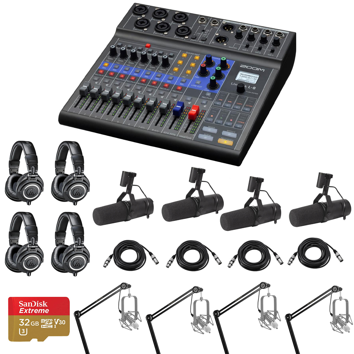 

Zoom LiveTrak L-8 Mixer and Recorder w/4x SM7B Mic, 4x Arm & 4x Headphones