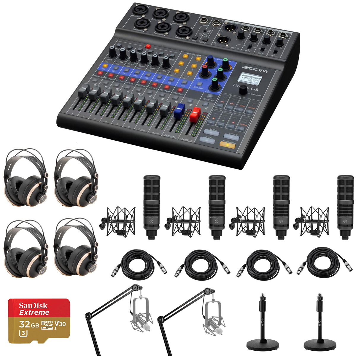 

Zoom LiveTrak L-8 Mixer and Recorder w/4x TAP300 Mic, 2x Arm/Stand,4x Headphones