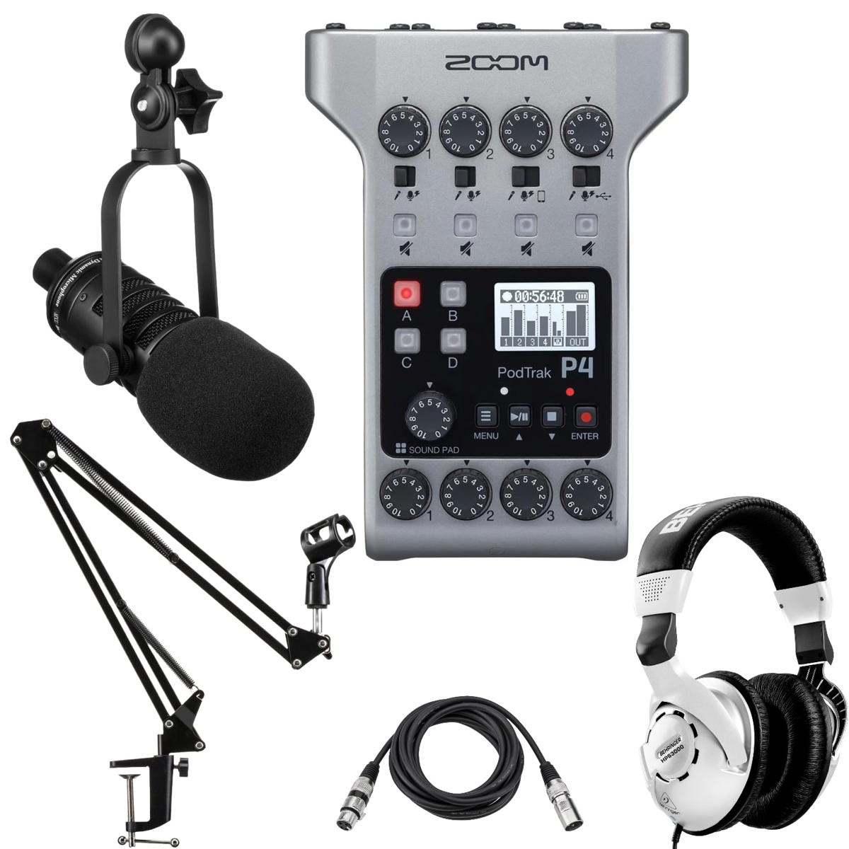 

Zoom PodTrak P4 Podcast Recorder W/Shure SM7B Mic/Mic Crane Arm/AT Headphone/Cab