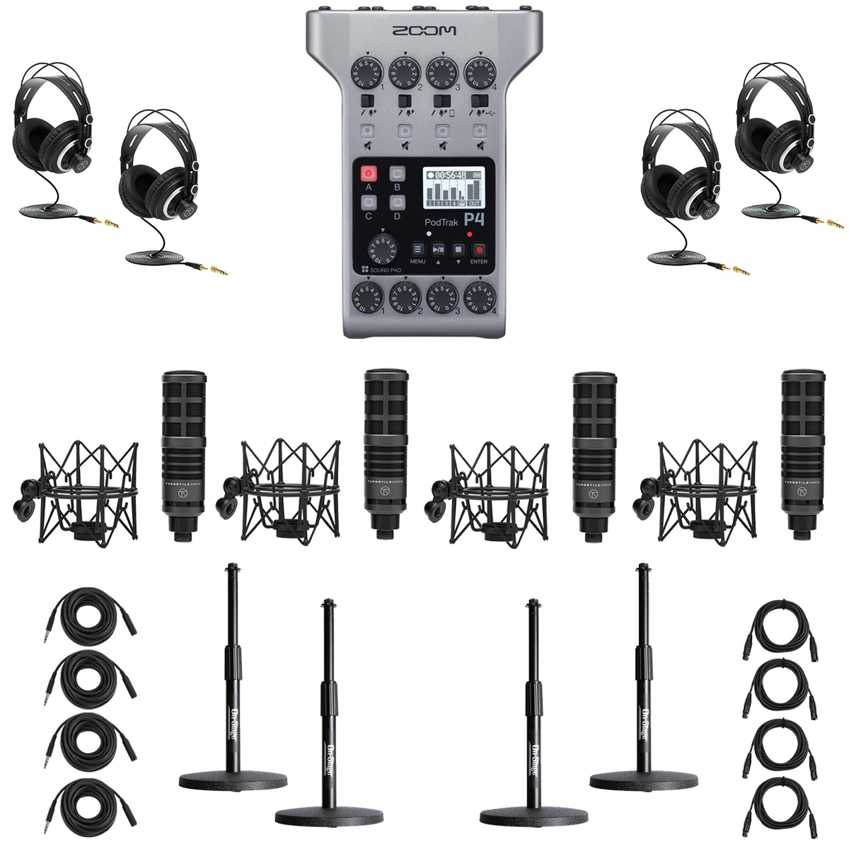

Zoom PodTrak P4 Podcast Recorder, w/4x TAP500 Broadcast Mics & 4x DS7200B Stand